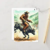 Funny Sasquatch Rides Bull in Rodeo Watercolor Postcard