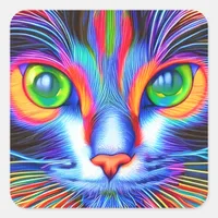 Green Eyed Colorful Ai Generated Cat Square Sticker