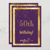 50th birthday party gold frame girly purple invitation