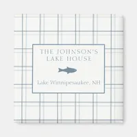 Classic Customizable Plaid Lake House Blue Fish Magnet