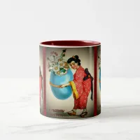 Vintage Japanese Lady, Egg Vase with Flowers, ZSSG Two-Tone Coffee Mug