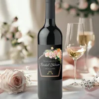 Bridal Shower black pink floral geometric Wine Label
