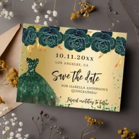 Quinceanera green gold dress florals save the date announcement postcard