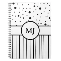 Monogrammed Black White Polka Dots and Stripes Notebook