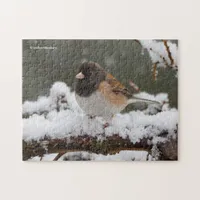 Dark-Eyed Junco Sparrow Songbird on Snowy Fence Jigsaw Puzzle