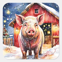 Cute Rustic Christmas Pig and Barn Square Sticker