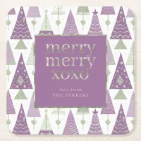 Purple Green Christmas Merry Pattern#25 ID1009 Square Paper Coaster