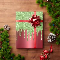 Christmas Metallic Red & Dripping Green Glitter Wrapping Paper