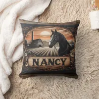 Horse and Farm Scene With Nameplate at Sunset Throw Pillow