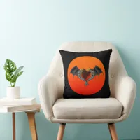 Halloween Goth Orange Heart & Bat Wings Pillow