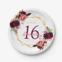 Sweet 16 birthday burgundy floral gold white paper plates