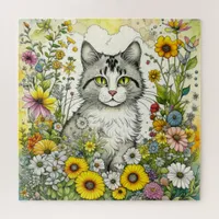 Gray Kitty Cat Sitting in Flowers  Jigsaw Puzzle