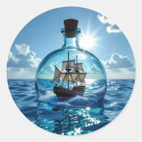 Ship in a Bottle Floating on the Ocean  Classic Round Sticker
