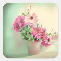 Pot of Pink Watercolor Flowers  Square Sticker