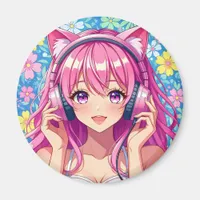 Cute Pink Anime Girl with Headphones Magnet