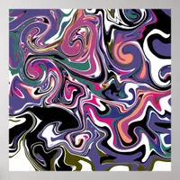 Blue, Black, Coral, White Swirls Marble Like Art Poster