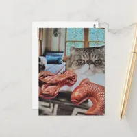 Kitty With Lobster and Fish Collage Postcard