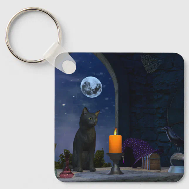 Cute Black Cat Staring at a Candle Keychain