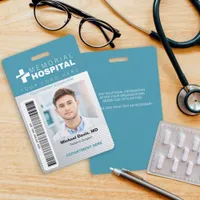 Blue Hospital ID Badge with Photo & Barcode