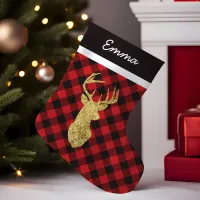 Buffalo Plaid Gold Deer Monogram Small Christmas Stocking