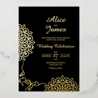 Mandala Hearts Black Gold Foil Wedding Invitation