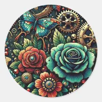 Beautiful Steampunk Themed Gears and Roses   Classic Round Sticker