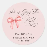 She is tying the knot pink bow Bridal Shower Classic Round Sticker