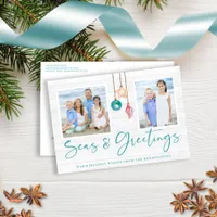 Teal Seas and Greetings Seashell Ornament Photo Holiday Postcard