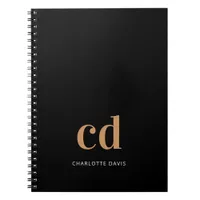 Black gold monogram initials modern elegant custom notebook