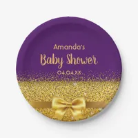 Baby Shower purple gold girl elegant monogram Paper Plates