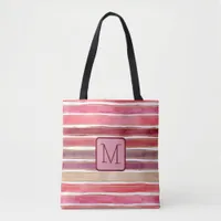 Wide Watercolor Stripes Plum Color Block Monogram Tote Bag