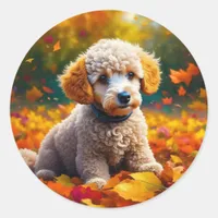 Apricot Poodle Puppy in Fall Leaves Classic Round Sticker