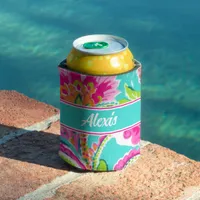 Tropical Aqua Pink Hawaiian Personalized Summer Can Cooler