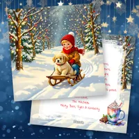 Vintage Christmas Scene, Boy on Sled with Puppy Holiday Card