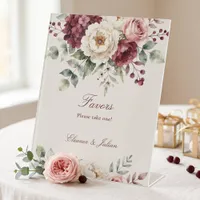Watercolor Cream Burgundy Floral Autumn Wedding Pedestal Sign