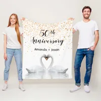 Gold 50th anniversary white swans in love fleece blanket