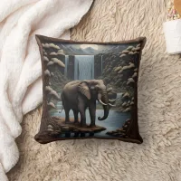 Majestic Elephant by Serene Waterfalls at Night Throw Pillow