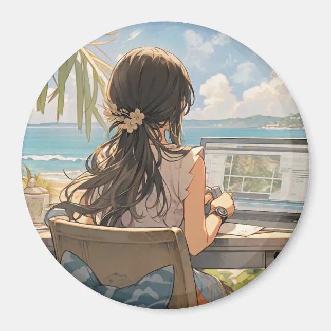 Anime office by the sea magnet