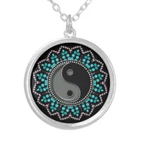 Balance YinYang Aqua Black New Age Sparkle Silver Plated Necklace