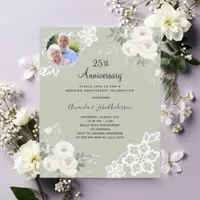 Green white florals photo 25th wedding invitation