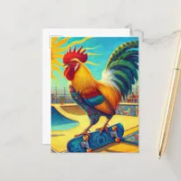 Colorful Skateboarding Rooster Postcard