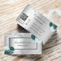 Silver green florals elegant QR code Business Card