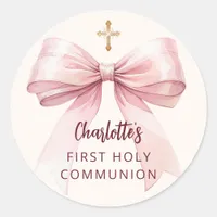 First Communion pink bow girl cream cross Classic Round Sticker