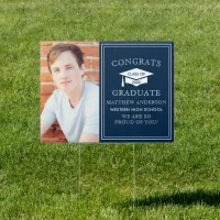 Modern Navy Congrats Graduation Photo Yard Sign