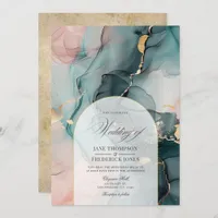 Blush & Teal Ink Swirls and Faux Gold Foil Wedding Invitation