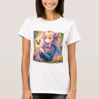 Anime Girl and Butterfly Watercolor  T-Shirt