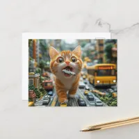 Adorable Ginger Cat Eats A Car Postcard