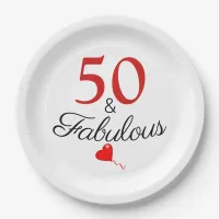 Elegant 50 and Fabulous Red Balloon 50th Birthday Paper Plates