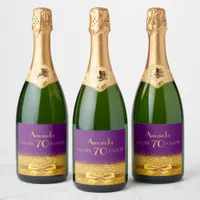 70th birthday party purple gold bow sparkling wine label