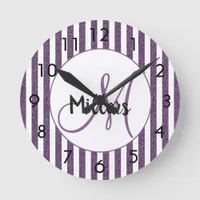 Purple white glitter stripes monogram girly round clock